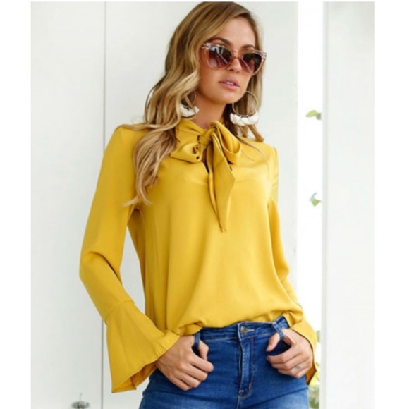 Boutique Tops - Amo Mustard Bow Tie Long Bell Sleeves Blouse